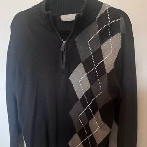 Oscar de la Renta Men Large Sweater Black and Grey 1/4 Zip Pullover Knit